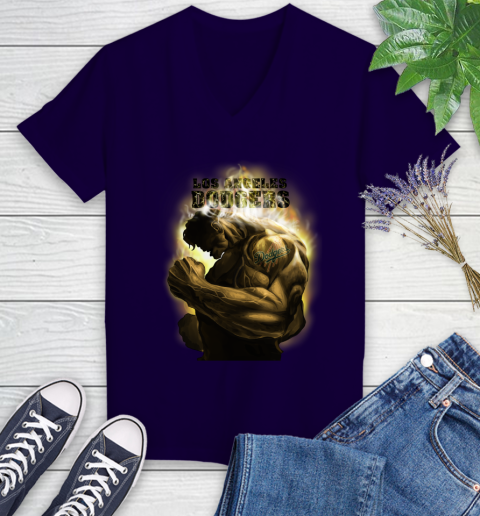 Los Angeles Dodgers MLB Baseball Hulk Marvel Avengers Sports Women's V-Neck T-Shirt 3