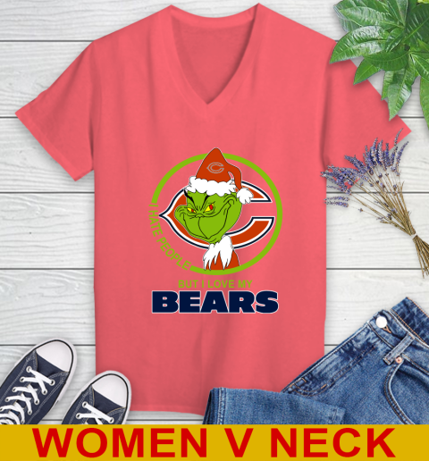 Chicago Bears NFL Christmas Grinch I Hate People But I Love My Favorite Football Team Women's V-Neck T-Shirt 7