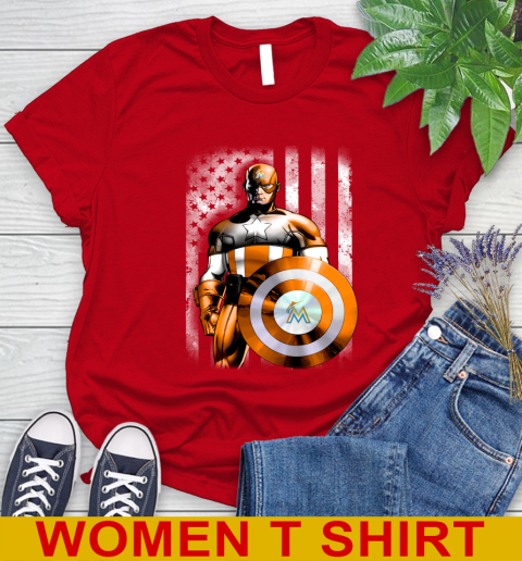 Miami Marlins MLB Baseball Captain America Marvel Avengers American Flag Shirt Women's T-Shirt 11