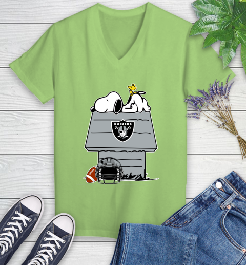 Oakland Raiders NFL Football Snoopy Woodstock The Peanuts Movie Women's V-Neck T-Shirt 11