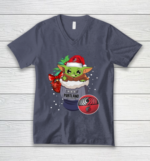 Portland Trail Blazers Christmas Baby Yoda Star Wars Funny Happy NBA V-Neck T-Shirt 8
