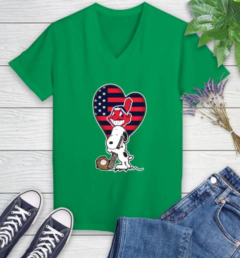 Cleveland Indians MLB Baseball The Peanuts Movie Adorable Snoopy Women's V-Neck T-Shirt 5