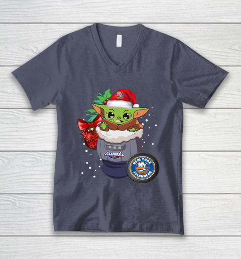 New York Islanders Christmas Baby Yoda Star Wars Funny Happy NHL V-Neck T-Shirt 8