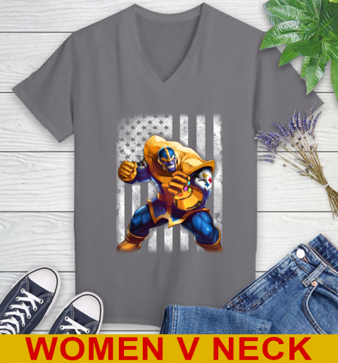 NFL Football Pittsburgh Steelers Thanos Marvel American Flag Shirt Women's V-Neck T-Shirt 11