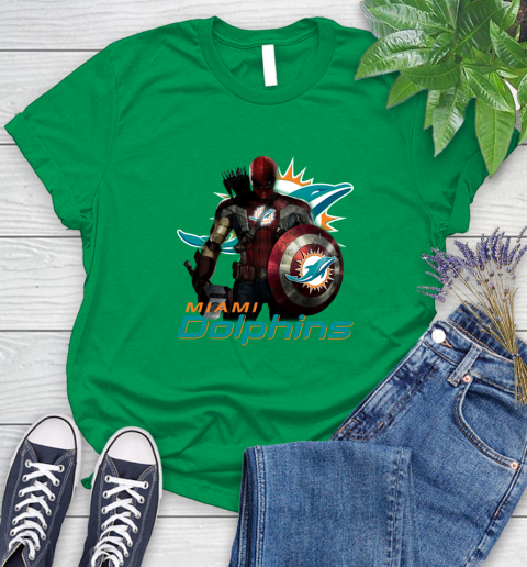 NFL Captain America Thor Spider Man Hawkeye Avengers Endgame Football Miami Dolphins Women's T-Shirt 6