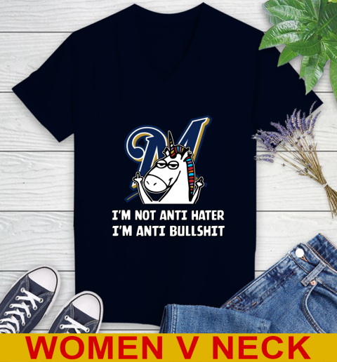 Milwaukee Brewers MLB Baseball Unicorn I'm Not Anti Hater I'm Anti Bullshit Women's V-Neck T-Shirt 3