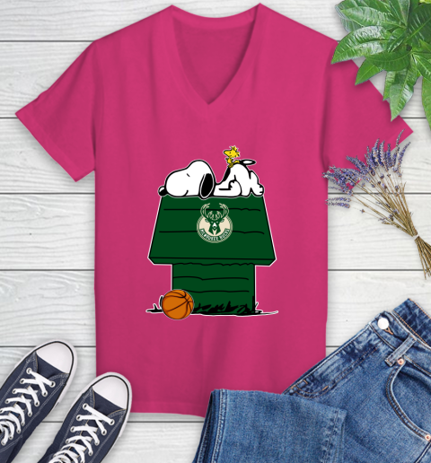 Milwaukee Bucks NBA Basketball Snoopy Woodstock The Peanuts Movie Women's V-Neck T-Shirt 9