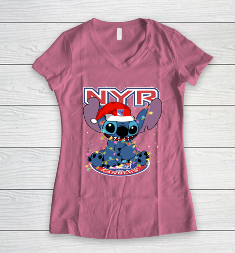 New York Rangers NHL Hockey noel stitch Christmas Women's V-Neck T-Shirt 7