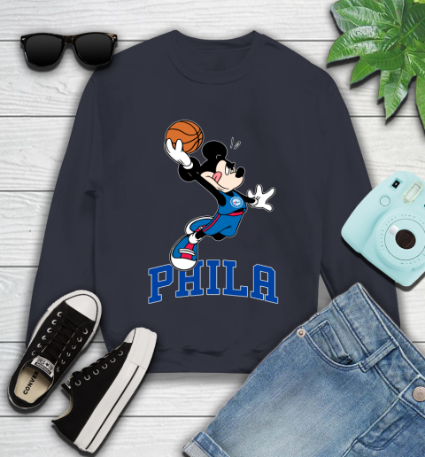 NBA Basketball Philadelphia 76ers Cheerful Mickey Mouse Shirt Youth Sweatshirt 3