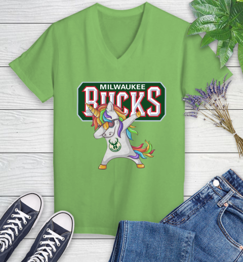 Milwaukee Bucks NBA Basketball Funny Unicorn Dabbing Sports Women's V-Neck T-Shirt 11