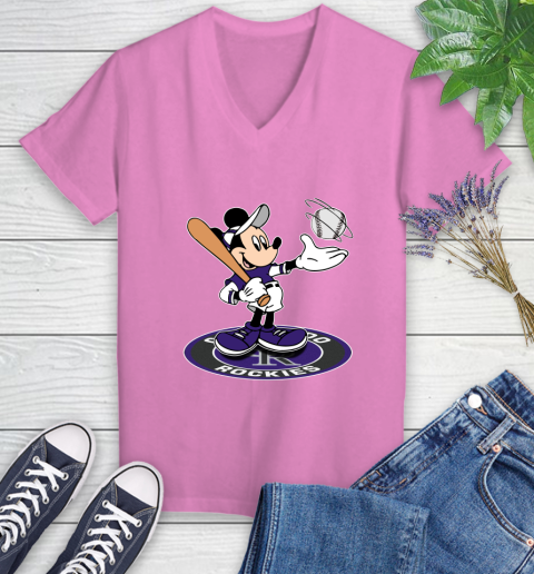 MLB Baseball Colorado Rockies Cheerful Mickey Disney Shirt Women's V-Neck T-Shirt 12