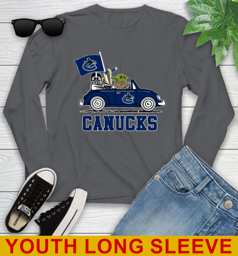 NHL Hockey Vancouver Canucks Darth Vader Baby Yoda Driving Star Wars Shirt Youth Long Sleeve 9