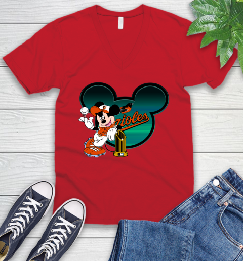 MLB Baltimore Orioles The Commissioner's Trophy Mickey Mouse Disney V-Neck T-Shirt 7