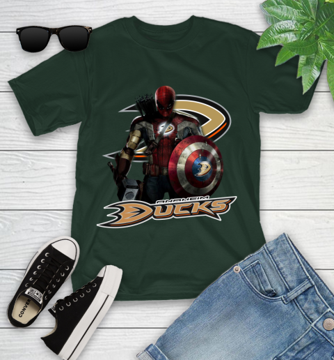 NHL Captain America Thor Spider Man Hawkeye Avengers Endgame Hockey Anaheim Ducks Youth T-Shirt 5