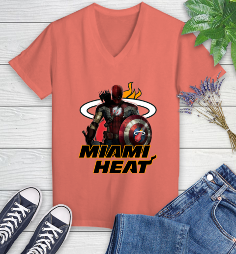 Miami Heat NBA Basketball Captain America Thor Spider Man Hawkeye Avengers Women's V-Neck T-Shirt 6