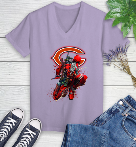 NFL Deadpool Marvel Comics Sports Football Chicago Bears Women's V-Neck T-Shirt 14