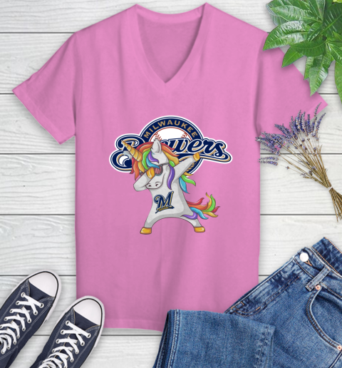 Milwaukee Brewers MLB Baseball Funny Unicorn Dabbing Sports Women's V-Neck T-Shirt 14