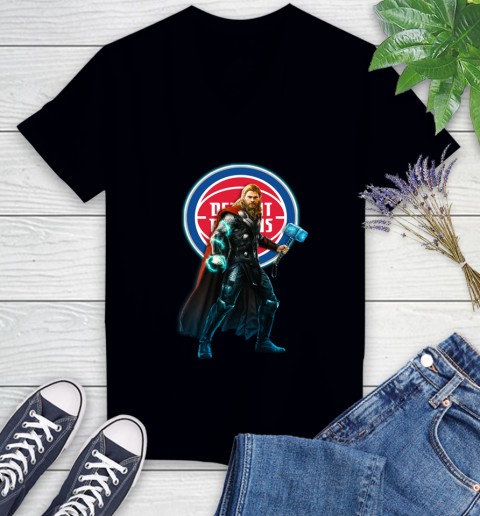 NBA Thor Avengers Endgame Basketball Detroit Pistons Women's V-Neck T-Shirt 2