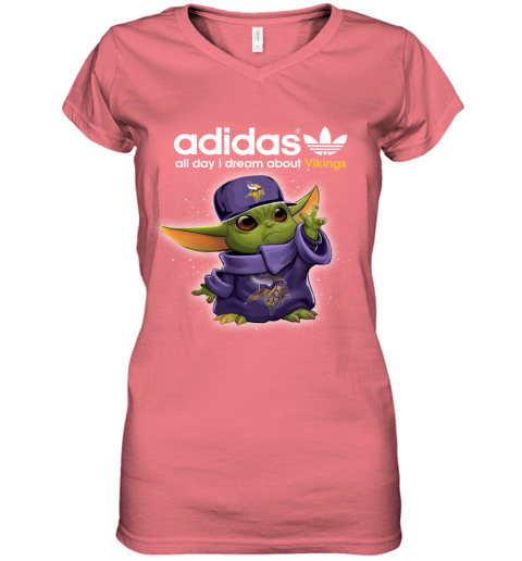 wpfr baby yoda adidas all day i dream about minnesota vikings women v neck t shirt 39 front coral