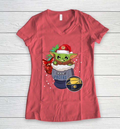 Indiana Pacers Christmas Baby Yoda Star Wars Funny Happy NBA Women's V-Neck T-Shirt 6