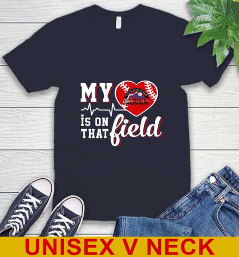 MLB My Heart Is On That Field Baseball Sports Colorado Rockies V-Neck T-Shirt 2