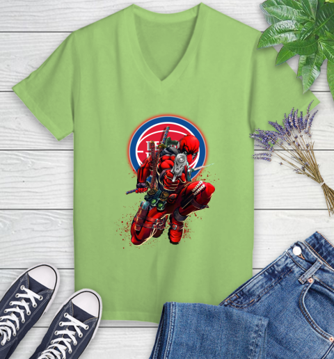 NBA Deadpool Marvel Comics Sports Basketball Detroit Pistons Women's V-Neck T-Shirt 11