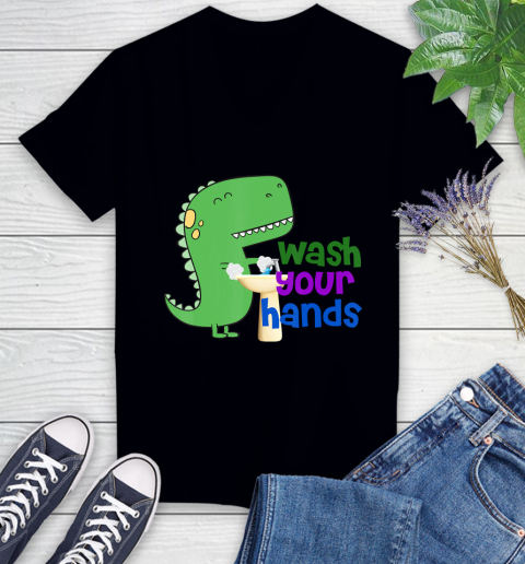 Nurse Shirt Cute Dino T rex Wash Your Hands T Shirt Women's V-Neck T-Shirt