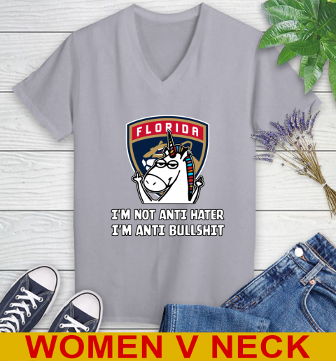 Florida Panthers NHL Hockey Unicorn I'm Not Anti Hater I'm Anti Bullshit Women's V-Neck T-Shirt 5