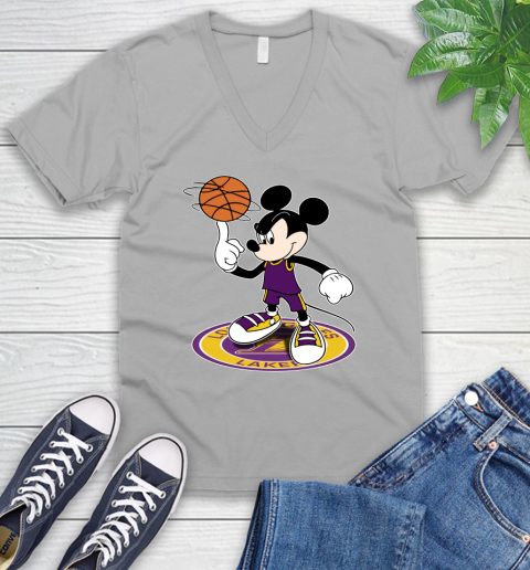 NBA Basketball Los Angeles Lakers Cheerful Mickey Disney Shirt V-Neck T-Shirt 5 NBA Basketball Los Angeles Lakers Cheerful Mickey Disney Shirt V-Neck T-Shirt - Image 5