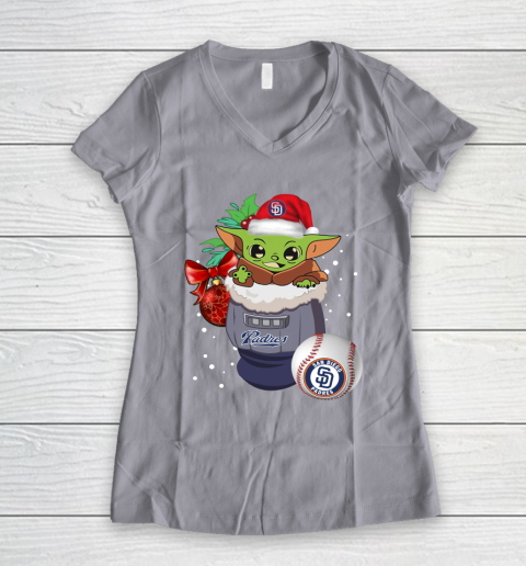 San Diego Padres Christmas Baby Yoda Star Wars Funny Happy MLB Women's V-Neck T-Shirt 4