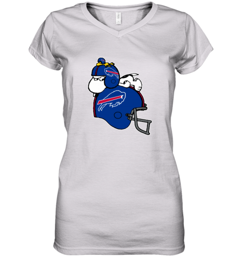 n8to snoopy and woodstock resting on buffalo bills helmet women v neck t shirt 39 front white