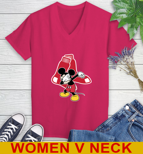 Boston Red Sox MLB Baseball Dabbing Mickey Disney Sports Women's V-Neck T-Shirt 10