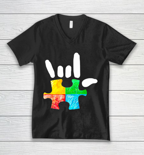 Autism Awareness Hand Rock and Roll Puzzle Pieces Tie Dye Style V-Neck T-Shirt