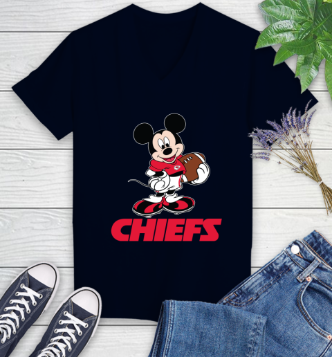NFL Football Kansas City Chiefs Cheerful Mickey Mouse Shirt Women's V-Neck T-Shirt 3