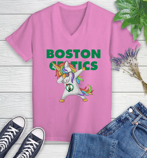 Boston Celtics NBA Basketball Funny Unicorn Dabbing Sports Women's V-Neck T-Shirt 14