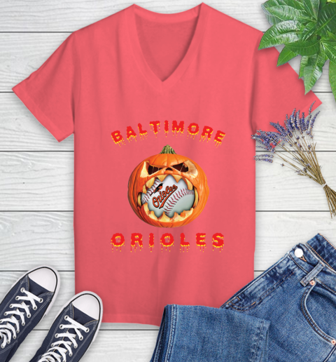 MLB Baltimore Orioles Halloween Pumpkin Baseball Sports Women's V-Neck T-Shirt 6