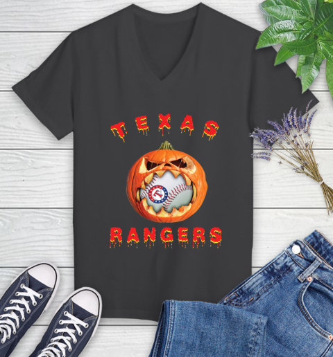MLB Texas Rangers Halloween Pumpkin Baseball Sports Women's V-Neck T-Shirt 8