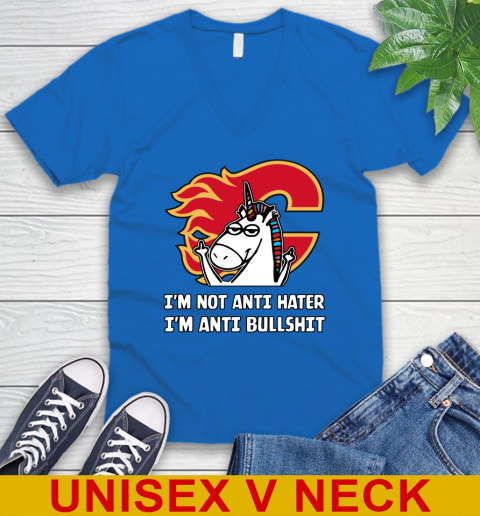 Calgary Flames NHL Hockey Unicorn I'm Not Anti Hater I'm Anti Bullshit V-Neck T-Shirt 6