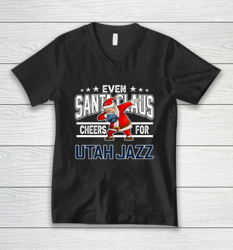Utah Jazz Even Santa Claus Cheers For Christmas NBA V-Neck T-Shirt
