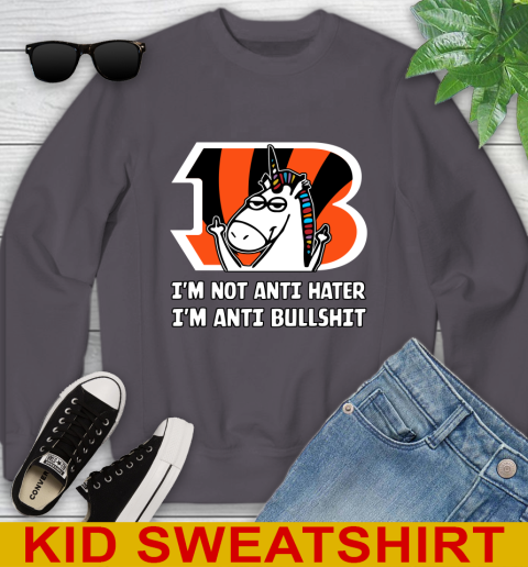 Cincinnati Bengals NFL Football Unicorn I'm Not Anti Hater I'm Anti Bullshit Youth Sweatshirt 6