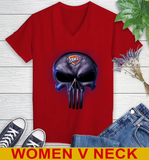Oklahoma City Thunder NBA Basketball Punisher Skull Sports Women's V-Neck T-Shirt 10