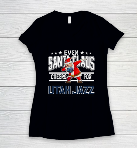 Utah Jazz Even Santa Claus Cheers For Christmas NBA Women's V-Neck T-Shirt