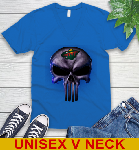 Minnesota Wild NHL Hockey Punisher Skull Sports V-Neck T-Shirt 5