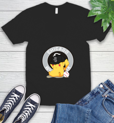 MLB Pikachu Baseball Sports Chicago White Sox V-Neck T-Shirt 2