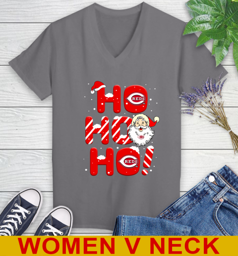 Cincinnati Reds MLB Baseball Ho Ho Ho Santa Claus Merry Christmas Shirt Women's V-Neck T-Shirt 11