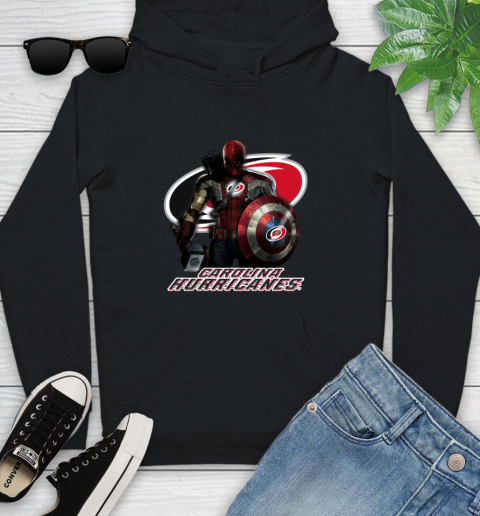 NHL Captain America Thor Spider Man Hawkeye Avengers Endgame Hockey Carolina Hurricanes Youth Hoodie 2