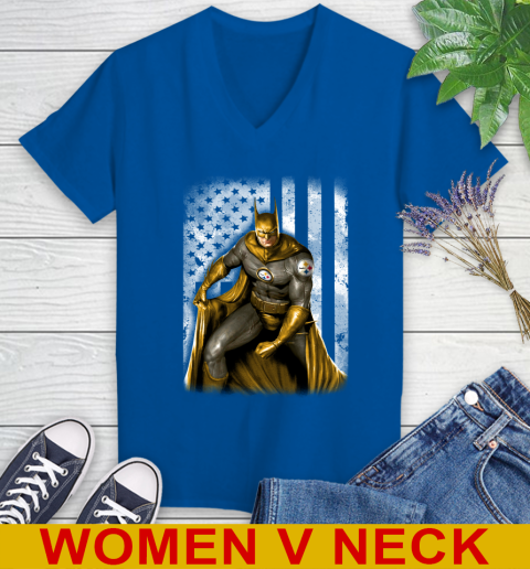 Pittsburgh Steelers NFL Football Batman DC American Flag Shirt Women's V-Neck T-Shirt 9