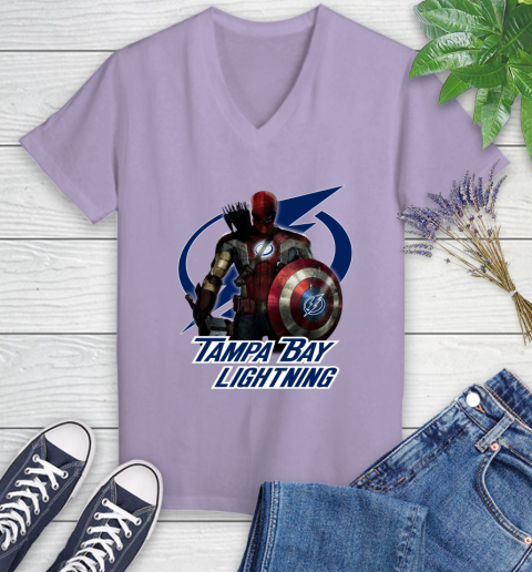 NHL Captain America Thor Spider Man Hawkeye Avengers Endgame Hockey Tampa Bay Lightning Women's V-Neck T-Shirt 14