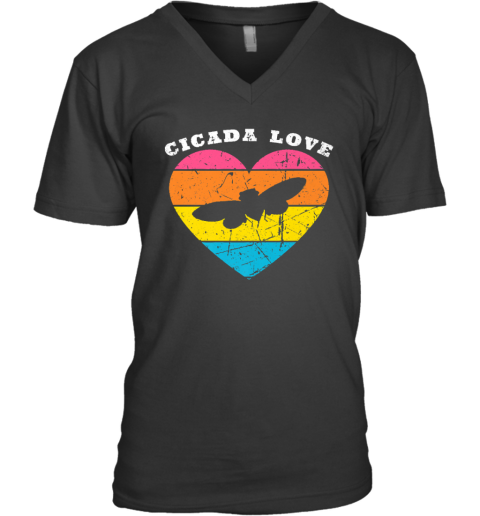 Vintage Cicada Love Retro Summer Sunset Heart V-Neck T-Shirt