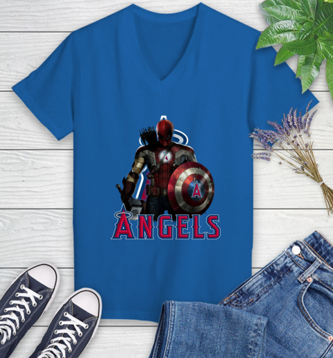 MLB Captain America Thor Spider Man Hawkeye Avengers Endgame Baseball Los Angeles Angels Women's V-Neck T-Shirt 10